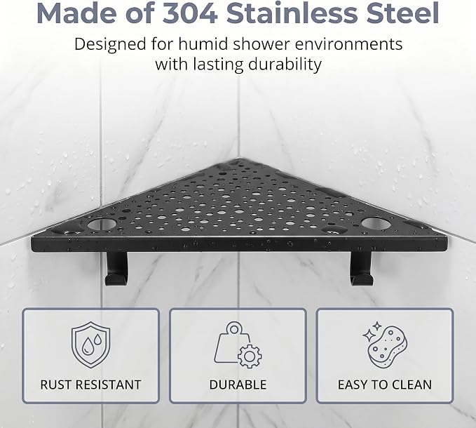 HIDROP Matte Black Corner Shower Shelves with Hooks and Razor Holes, 2 Pack | 4 Hooks & 4 Razor Holes, 10" Bathroom Corner Shelf, 1.5mm Thickened Stainless Steel, Fast Drainage, Tiled Shower Corner Shelf