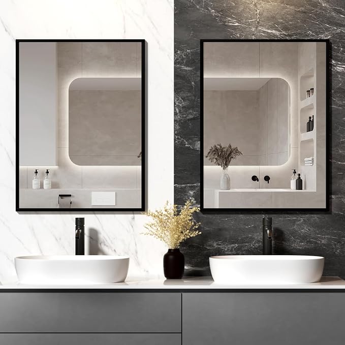 Rectangular Wall Mirror, Black Aluminum Frame, 18x24 Inches, Modern Style, Tempered Glass, Wall Mount for Bathroom Bedroom Living Room
