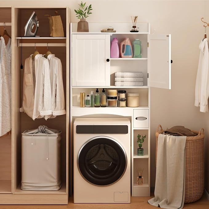 Over The Toilet Storage Cabinet, 32.3" W x 70.3" H, White | Over Toilet Bathroom Organizer with Doors, Adjustable Shelves, Toilet Paper Holder, 2 Side Hooks, for Bathroom, Laundry