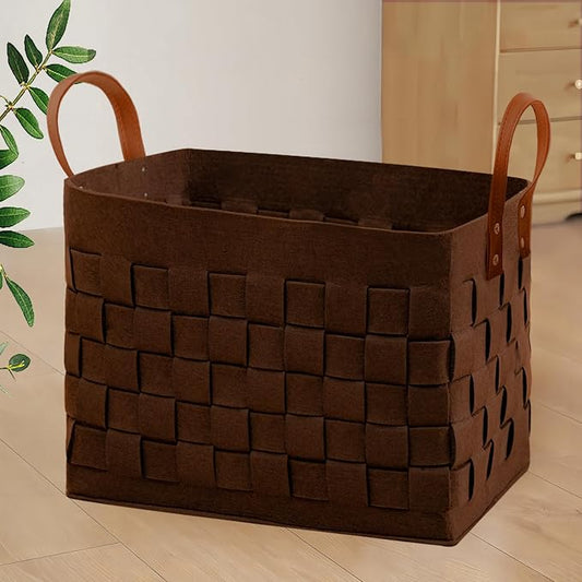 Laundry Basket 16.5 " x13 x13 , Large Rectangular Felt Fabric Blanket Basket with Leather Handle, Dirt Clothes Laundry Hamper for Babies, Dogs and Living Room-Brown