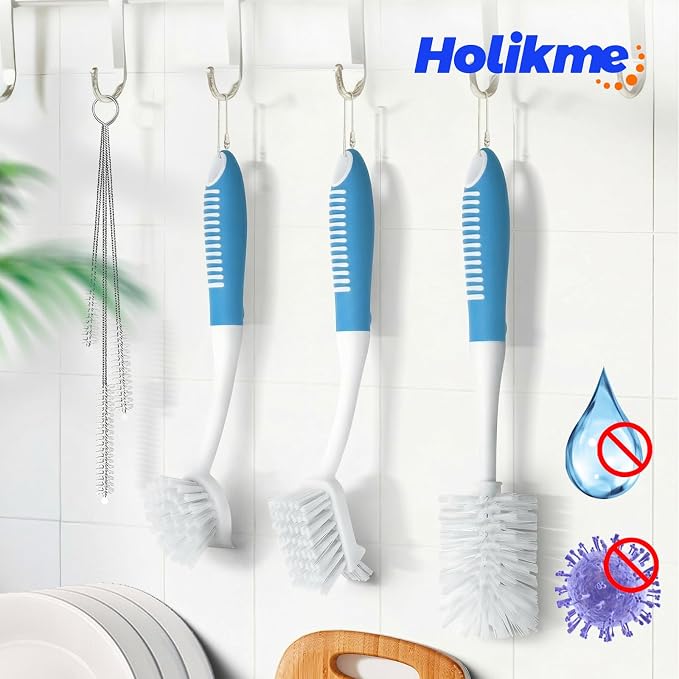 Holikme 6 Pack Dish Brush Set with Bottle Brush, Dish Scrub Brush,Blue | Pan Brush and 3 Straw Brushes, Deep Cleaning Handle Brush with Scraper Tip for Kitchen Sink Dishes Bottle Cup Pot and Pans