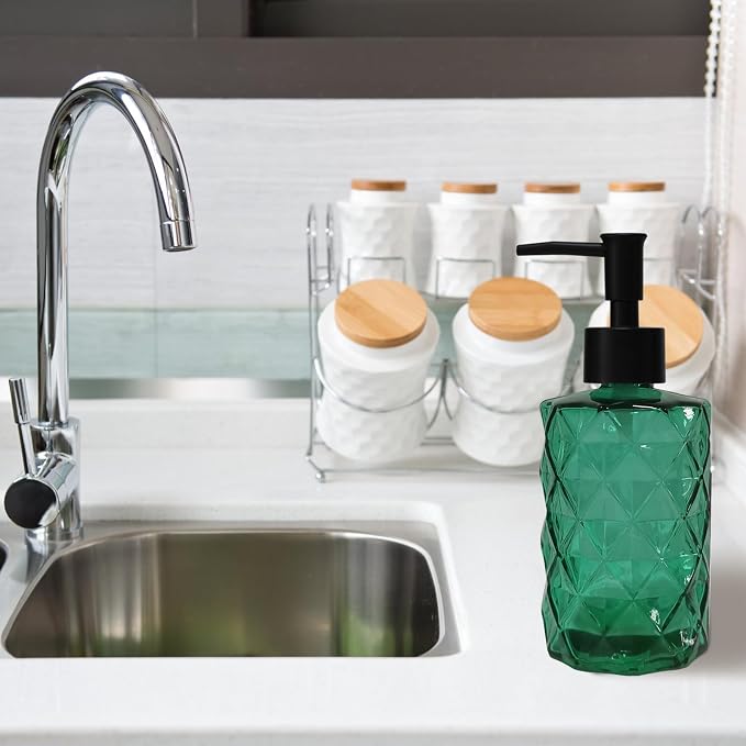 YYTSGG Green Bathroom Soap Dispenser Set with Black Plastic Pump, 12oz | Glass Lotion Dispenser, Crystal Hand Soap Dispenser for Modern Home Decor, Kitchen Countertop, Hotel