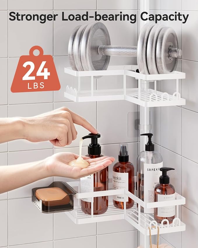 Corner Shower Caddy Tension Pole, 25.7-109.1in Adjustable Shower Shelves, Rust-Resistant Shower Organizer, No-Drill 3-Step Installation, Bathroom Shelves for Renters & Family, White