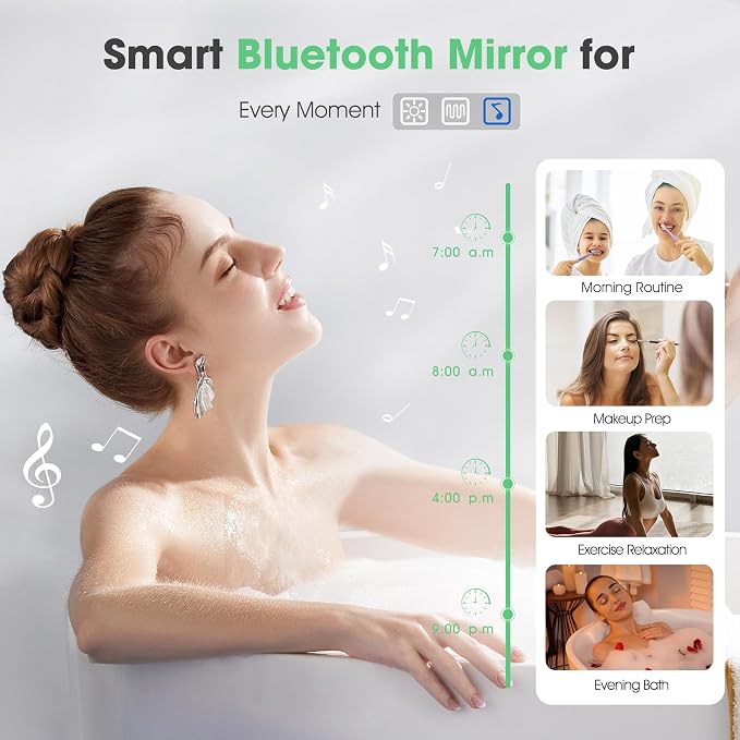 S'bagno 55"x36" LED Bathroom Mirror with Lights, Bluetooth Speaker, Anti-Fog & Waterproof, Dimmable Wall Mirror with Touch Control, 3 Light Colors, Vertical or Horizontal