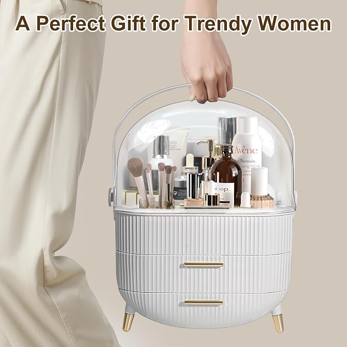 Makeup Organizer, Large Skincare Organizer for Vanity with Drawers & Cover | Makeup Storage Box, Large Capacity Cosmetic Display Cases Makeup Storage Box for Bedroom, Bathroom, Gifts for Women(White)