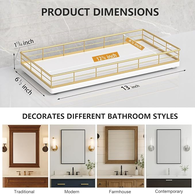 Toilet Paper Basket Organizer, Oak Wood Toilet Tank Tray with Metal Frame | Bathroom Counter Top Storage for Toilet Paper, Wipes & Decor, Modern Narrow Back of Tank Shelf Organizer, Gold & White