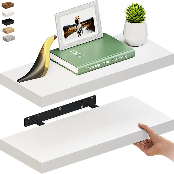 Ballucci Floating Shelves for Wall, 24" Wood Wall Shelf Set of 2, with Invisible Brackets for Bathroom, Living Room, Bedroom, Kitchen, Nursery, 8" Deep, White
