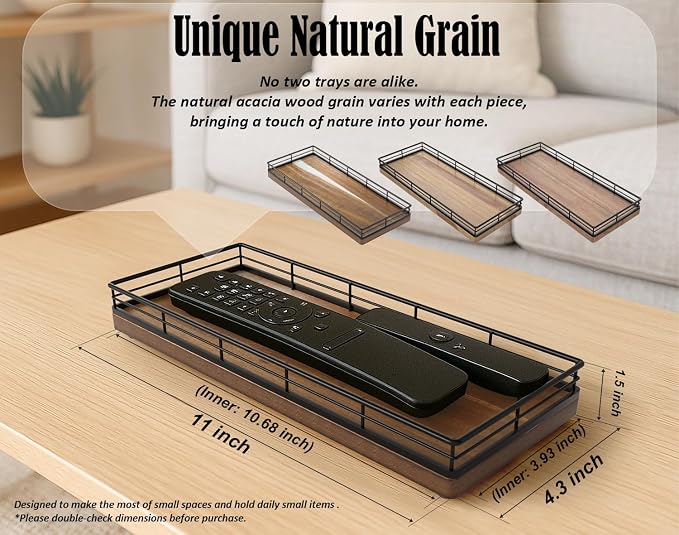 Acacia Wood Bathroom Vanity Tray, 11" L Small Countertop Tray for Dresser, Table, Kitchen Counter, Coffee Bar