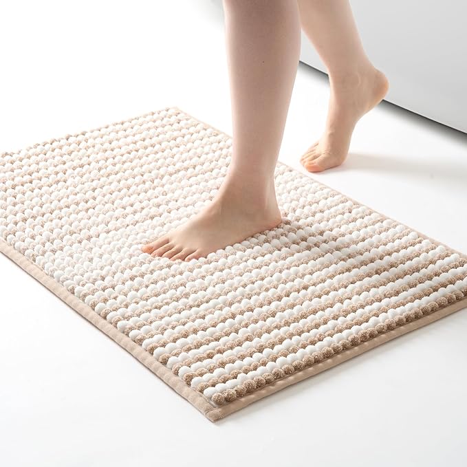 FRESHMINT Chunky Ombre Chenille Bathroom Rug 20"x32", Water Absorbent Soft Bath Rugs for Bathroom Floor, Thick Non Slip Bath Mat Washable Quick Dry Shower Mats, Beige and White | Water Absorbent, Soft Bath Rugs for Bathroom Floor, Thick Non Slip, Washa...