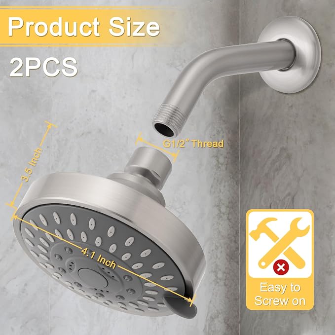 AISOSO High Pressure Rain Shower Head 2PCS 5 Modes 4.1 Inch Brushed Nickel | Low Water Pressure Compatible, Powerful Spray Fixed Showerhead for a Relaxing Indoor & Outdoor Shower