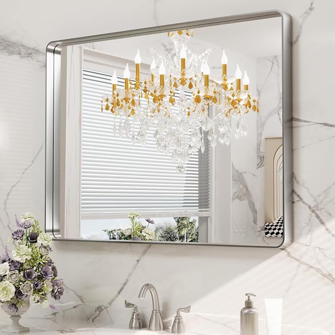 LOAAO 40X32 Inch Brushed Nickel Bathroom Mirror | Rounded Rectangle, Silver Metal Frame, Anti-Rust, Shatter Proof, Hangs Horizontally or Vertically