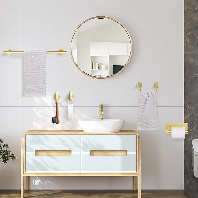 TURS 5-Pieces Brushed Gold Bathroom Hardware Accessories Set 23.6inch SUS304 Stainless Steel Towel Bar Set Wall Mounted Toilet Paper Holder with Shelf