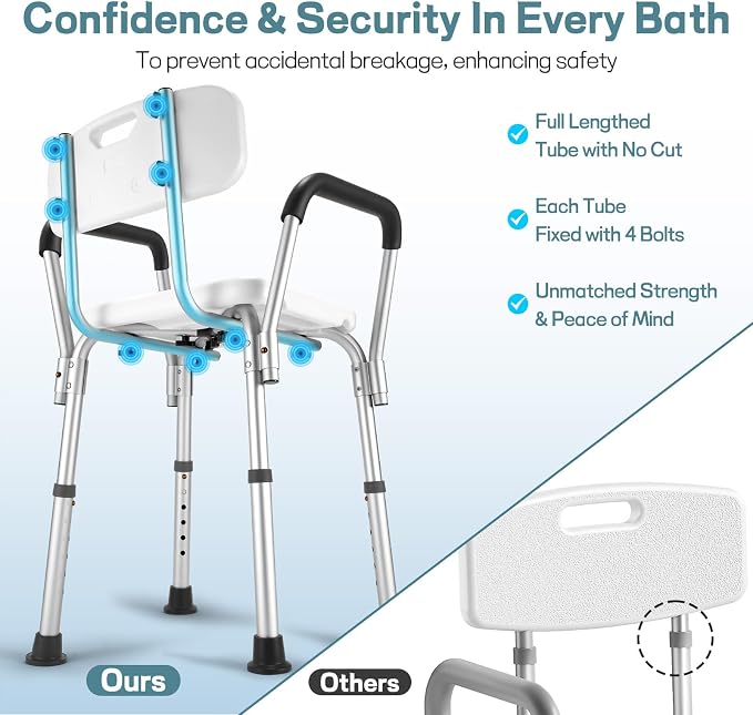 Heavy Duty Shower Chair for Elderly & Disabled with Padded Armrests & Back | Tool-free assembly adjustable height shower seat for inside shower. Provides secure, comfortable support for handicap adults