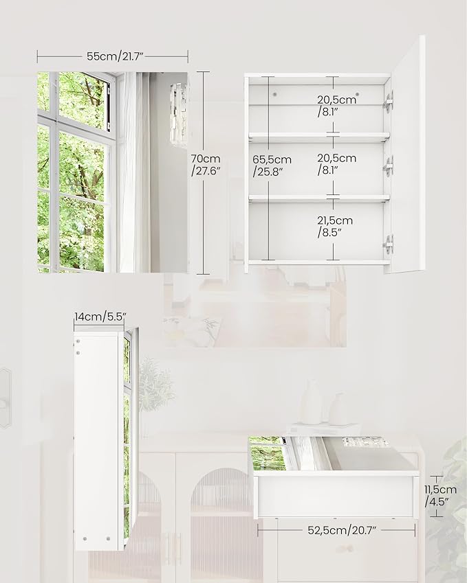 Bathroom Medicine Mirror Cabinet, 21.7'' x 27.6'', Wall-Mounted Bathroom Vanity with Mirror, Bathroom Medicine Cabinet with Storage Function, Hanging Storage Cabinet, Adjustable Shelves, White