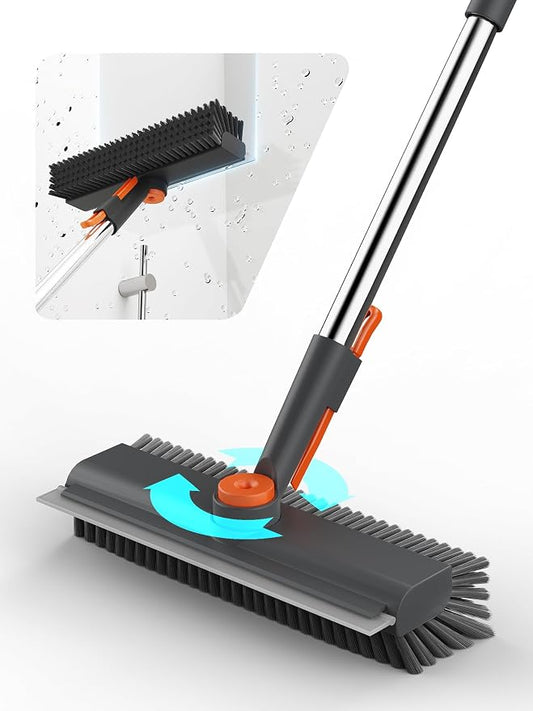 Floor Scrub Brush with Long Handle & Squeegee, 3 in 1 Floor Scrubber | Stiff Dual-side Bristle, 360° Swivel Head with Tweezer, for Cleaning Tile Wall Deck Bathroom Patio Garage Pool Kitchen (Gray)