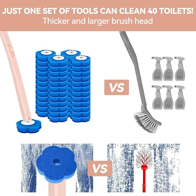 Disposable Toilet Brush with 48 Refills,Toilet Cleaning Supplies,Toilet Wand Brush Starter Kit,Wall Mounted Toilet Bowl Cleaner Brush with Holder for Bathroom Deep Cleaning & Hygiene (Pink)