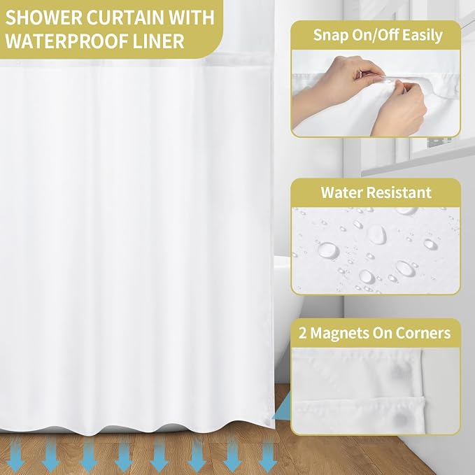 Hookless Shower Curtain with Snap in Liner, Yellow No Hook Shower Curtains for Bathroom，Shower Curtain and Liner Set for Bathroom Decor,Waterproof & Washable,72x75 Inch