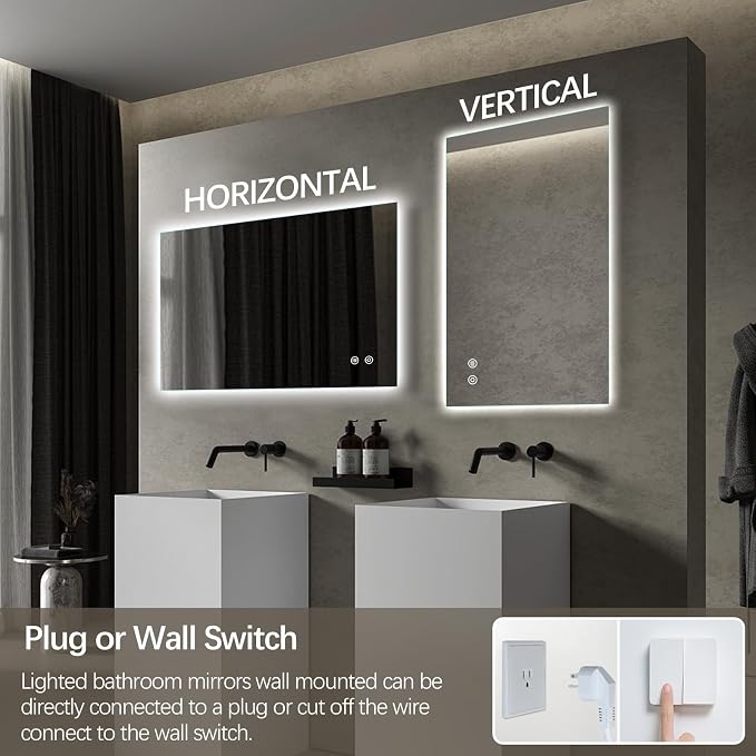 Niccy LED Bathroom Mirror, Backlit Mirror with Lights for Wall Frameless | Anti-Fog, 36"x24", 3 Color Dimmable, Lighted Bathroom Mirror for Wall, Memory Function, CRI>90, HD Glass, Horizontal/Vertical