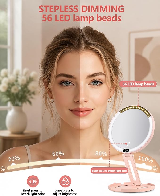 Foldable Travel Makeup Mirror with Lights 20X/1X Magnifying Mirror | Double-Sided Travel Magnifying Mirror With 3 Color Modes & Rechargeable,Dimmable Touch Screen, Smart Display