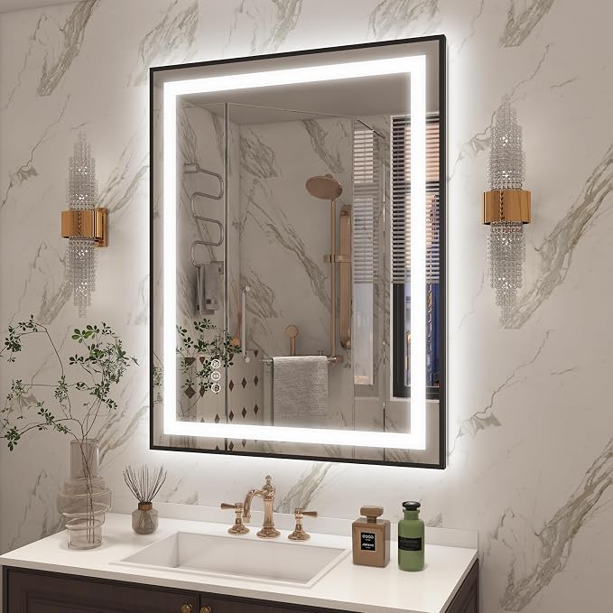 OKPAL 28x32 LED Bathroom Mirror with Lights, Black Lighted Mirrors for Bathroom Wall, Front and Backlit, Anti-Fog, Dimmable, Shatterproof, 3 Colors, Memory, Horizontal/Vertical