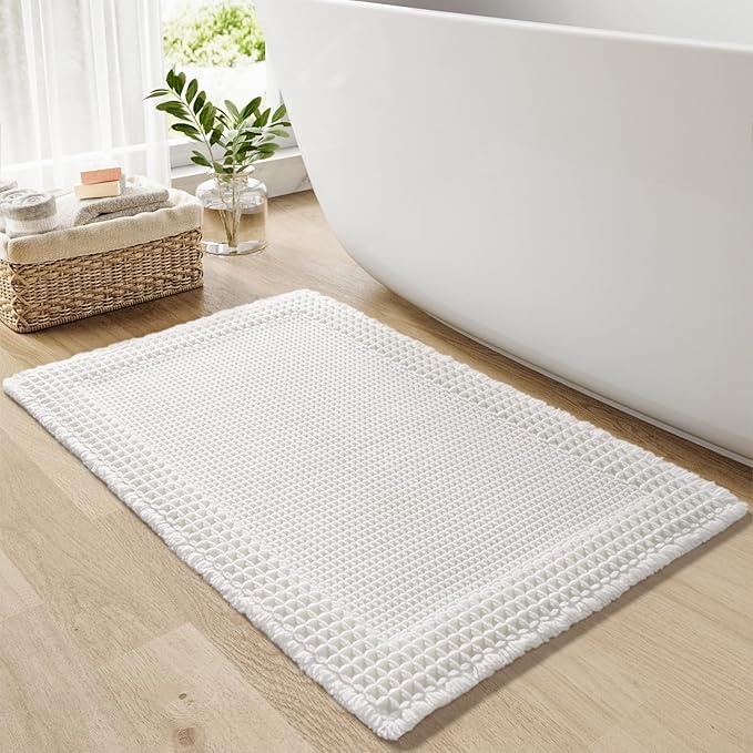RESARE Waffle Bath Mat for Bathroom, Non Slip Bathroom Rugs 24"x36" White | Absorbent Boho Bathroom Floor Mats Machine Washable Quick Dry, Soft Solid Bath Rugs with Tassels, Ideal Farmhouse Home Decor