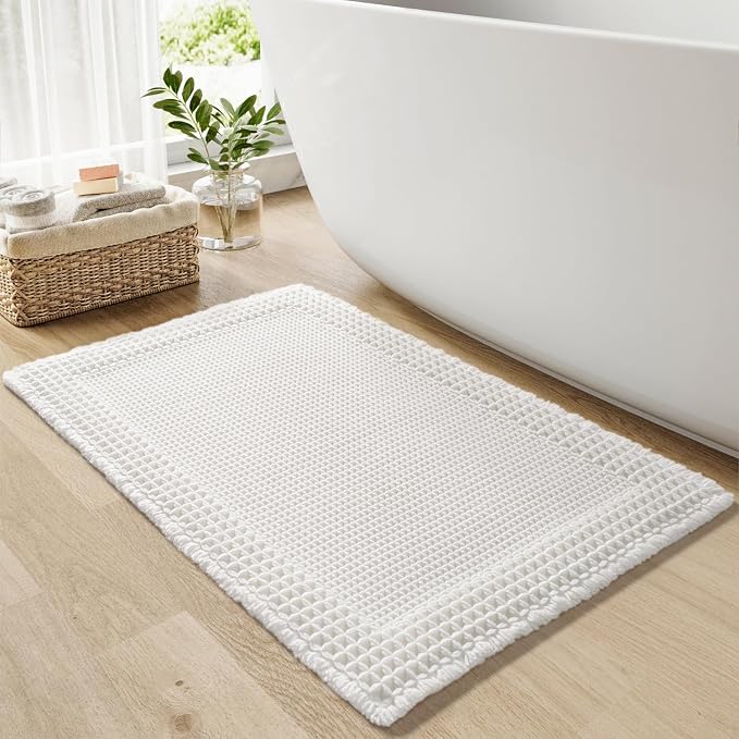 RESARE Waffle Bath Mat for Bathroom, Non Slip Bathroom Rugs 20"x32" White | Absorbent Boho Bathroom Floor Mats Machine Washable Quick Dry, Soft Solid Bath Rugs with Tassels, Ideal Farmhouse Home Decor