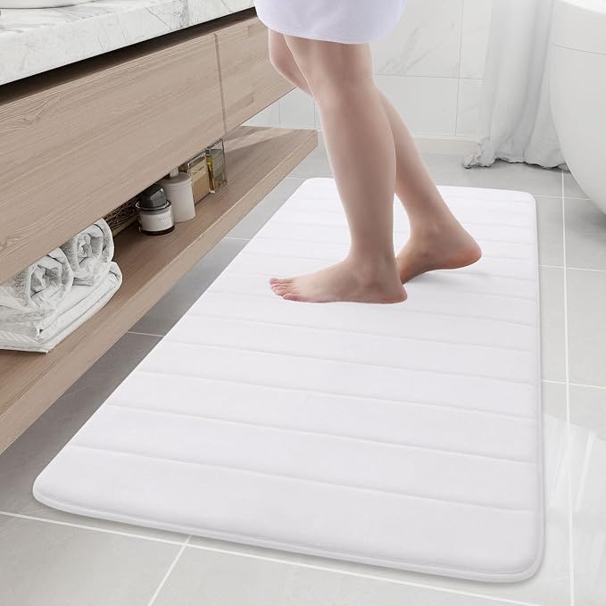 Buganda Memory Foam Bath Mat 55 x 24, Ultra Soft Absorbent Bathroom Rugs | White, Machine Washable Quick Dry Bath Mats for Bathroom Floor, Shower and Tub, Home Decor Accessories