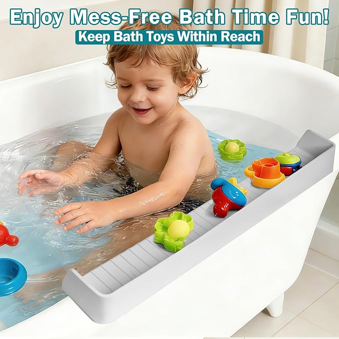 Bathtub Splash Guard for Tub Kids- Silicone Bath Play Shelf | 31" Extra Long Toy Tray & Caddy Holder, Prevent Water Spills & Messy Floors, Tub Edge Guard for Bathroom- Grey