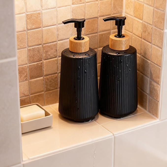 Glass Soap Dispenser, Thickened Glass Hand Soap Dispenser for Bathroom, Kitchen Dish Washing Liquid Bottles, Shampoo and Conditioner Bottles, Modern Farmhouse Style (Black, Set of 2, 12oz)