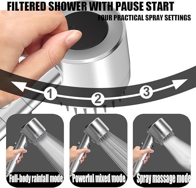 High Pressure Handheld Shower Head High Pressure Shower Heads- High Flow Even with Low Water Pressure - Hand Held Showerhead Set with 59″Replacement Hose/Bracket and Cotton Filters (Premium Chrome)