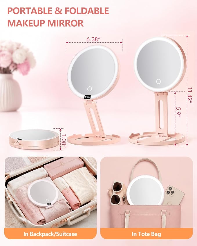 Foldable Travel Makeup Mirror with Lights 20X/1X Magnifying Mirror | Double-Sided Travel Magnifying Mirror With 3 Color Modes & Rechargeable,Dimmable Touch Screen, Smart Display