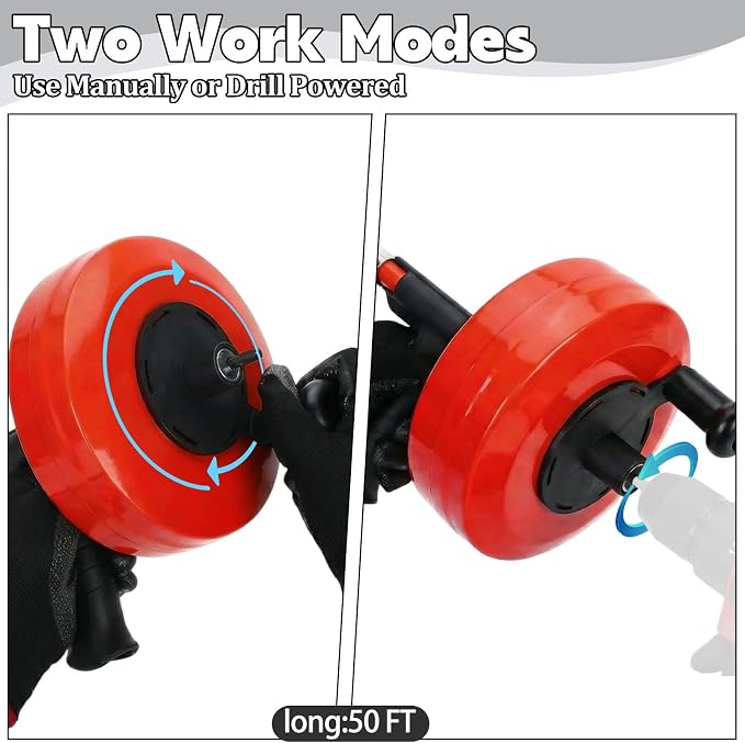 50 Ft Drain Auger,Use Manually or Drill Powered 50 Feet Drain Snake,Heavy Duty Flexible Plumbing Snake,With Gloves and Storage Bag for Kitchen Sink, Shower Drain (50FT, Red)