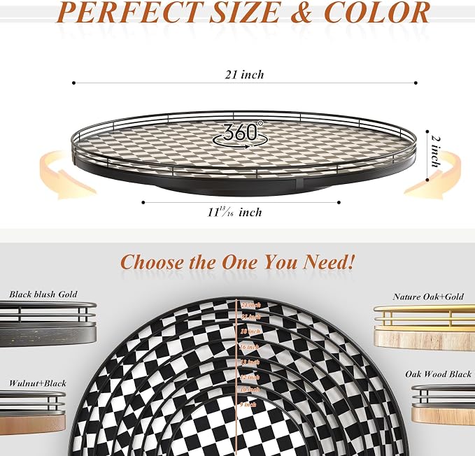 AMH 21-Inch Black and White Checkerboard Lazy Susan Decorative Tray | Smooth rotating oak tray with walnut finish for dining tables, kitchen counters, pantries and cabinet storage.