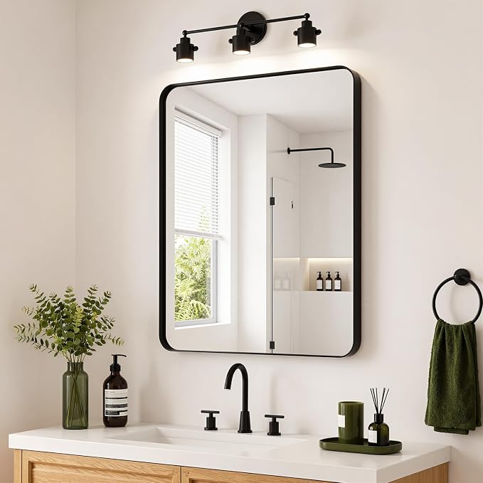Koonmi Black Bathroom Mirror for Over Sink 32x40 Inch | Wall Mirror for Bathroom Matte Rectangle Metal Deep Framed, Shatterproof Tempered Glass, Hang Vertically or Horizontally