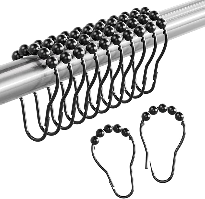 Matte Black Shower Curtain Rings - Set of 12 - Rust-Resistant Metal Shower Hooks for Bathroom Shower Rod