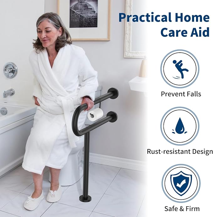 ZUEXT 24x28 Inch Matte Black Toilet Support Rail w/Toilet Paper Holder | Wall to Floor, Anti-slip Handicap Grab Bar, Stainless Steel Bathroom Safety Handrails with Leg, For Elderly Disabled Pregnant