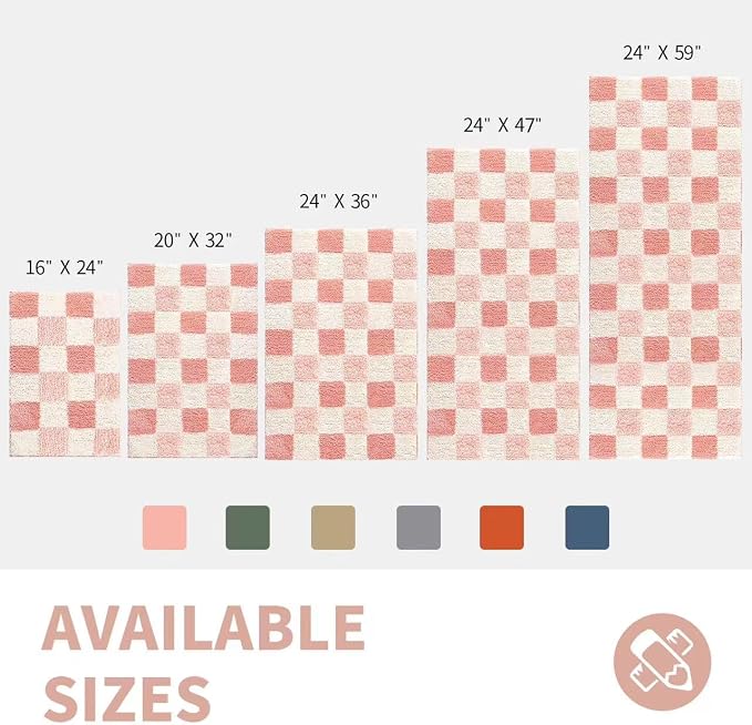 CozeCube Blossom Pink Checkered Bath Mat 32"x20" Non Slip Washable Rug | For Bathroom Non Slip, Fluffy Absorbent Microfiber Bath Mats Machine Wash, Stylish Cute Aesthetic Bathroom Rugs