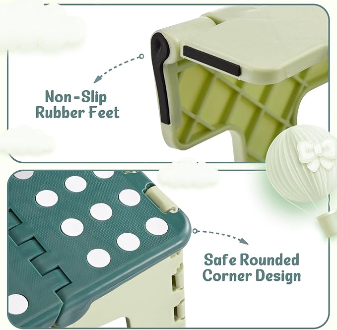 Folding Step Stool 9 Inch for Kids, 300 lbs, Bicolor Green | Lightweight Plastic Small Foldable Step Stool with Handle, Non-Slip, for Kitchen, Bathroom, Bedroom and Closet