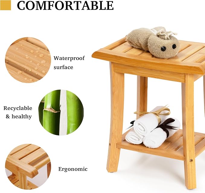 Unibambou Bamboo Shower Bench Inside Shower Stool with Storage Shelf, Spa Bath Chair for Bathroom, Seat or Organizer for Living Room, Bedroom and Garden - Great for All Ages Elderly (Small, Natural)