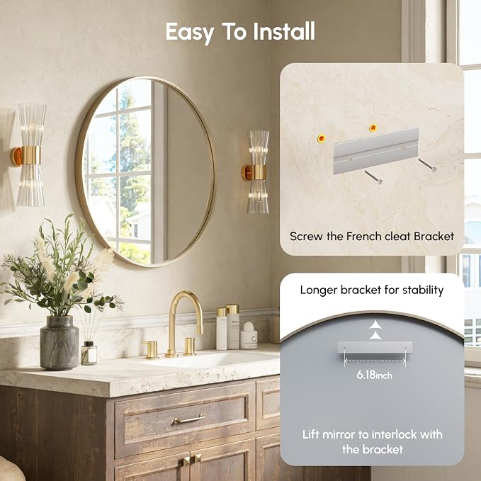 30 Inch Gold Round Bathroom Mirror for Over Sink | Circle Mirror with Metal Frame, Wall Mirror for Vanity, Entryway, Living Room, Hallway and Bedroom Decor
