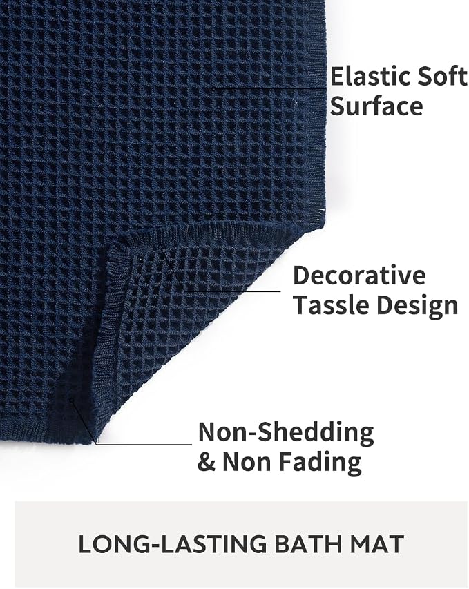 tchdio Waffle Bath Mat Rug, Super Absorbent Non Slip Bath Mats Ultra Soft Bathmat Machine Washable Bathroom Rugs with Tassels, Bath Rugs for Bathroom Floor Beside Tub, 24" x 36", Navy Blue