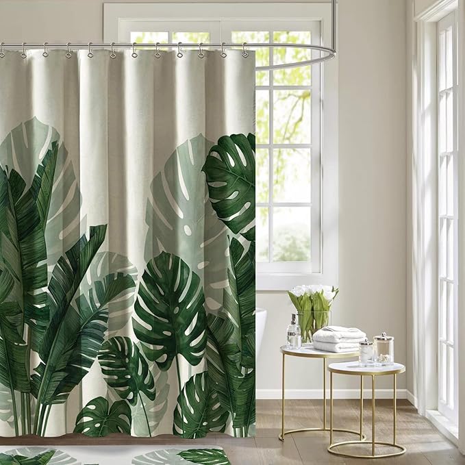 Baccessor Linen Shower Curtain Tropical Green Leaf Shower Curtains Botanical Banana Monstera Leaf Palm Tree Water Repellent Heavy Duty Fabric Cloth Shower Curtain for Bathtubs Hotel 72 W X 72 L Inch