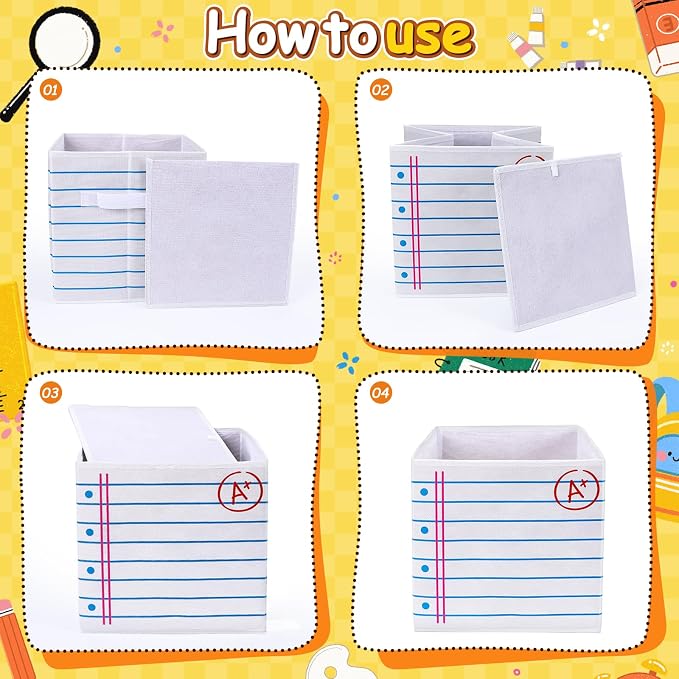 6 Pcs 11in Fabric Storage Bins, Collapsible Cubby Baskets with Handles | Collapsible & flat‑fold, Side handles for easy tote, Colorful school prints, Classrooms, homes, daycares all work