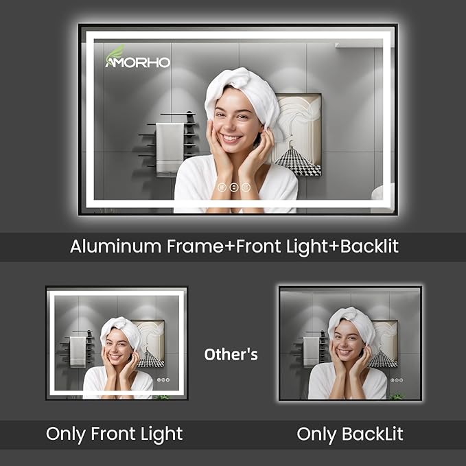 LED Bathroom Mirror, 48"X40" Front Lit and Backlit with Black Frame | Metal Framed Mirror, Stepless Dimmable, HD Reflection, Anti-Fog, Shatter-Proof, Memory, 3 Colors Lighting, UL Listed.