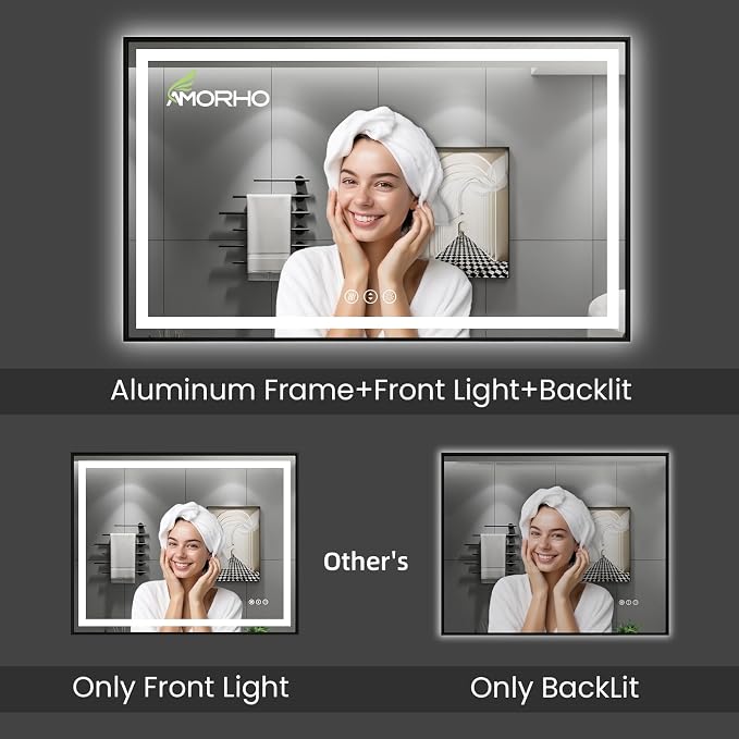 LED Bathroom Mirror Black Framed 72"X36", Front Light and Backlit | Metal Framed Mirror, Stepless Dimmable, HD Reflection, Anti-Fog, Shatter-Proof, Memory, 3 Colors Lighting, UL Listed.