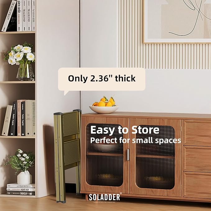 2 Step Ladder, Folding Step Stool, Brown Gold | Wide Anti-Slip Steps and a Foldable, Space-Saving Design for Adults to Use in Kitchens, Closets, Library,300 lbs