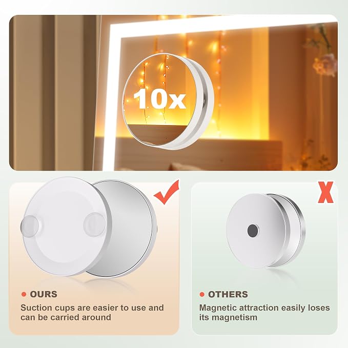 Hasipu Vanity Mirror with Lights, 40" x 29" LED Makeup Mirror, Light up Mirror with 10X Magnification and Phone Holder, USB Charging Port, Smart Touch 3 Colors Dimmable (White)