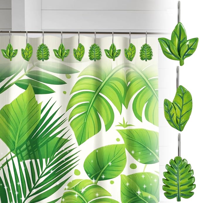 12-Piece Green Leaves Leaf Shower Curtain Hooks for Bathroom | Decorative Shower Curtain Hooks, Stainless Steel Shower Hangers Rings