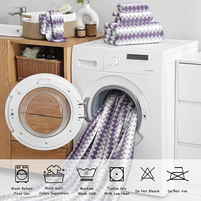 12 Pcs Purple White Diamond Towel Set-4 Bath Towels,4 Hand Towels,4 Washcloths Soft Polyester Bath Sheet with Loop Absorbent Shower Towel Quick Dry Beach Chair Towel Family Towels for Bathroom Spa Gym