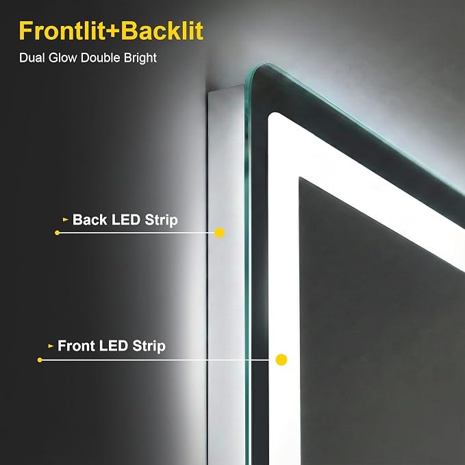 LED Bathroom Mirror with Lights, 24"x36" Lighted Vanity Mirror for Wall | Anti-Fog, Dimmable 3 Color Light, Backlit+Frontlit, Shatterproof Tempered Glass, Memory Function